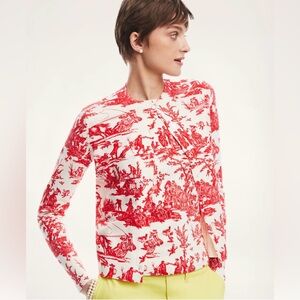 Brooks Brother Cotton Toile Print Button Front Cardigan in Red Ivory